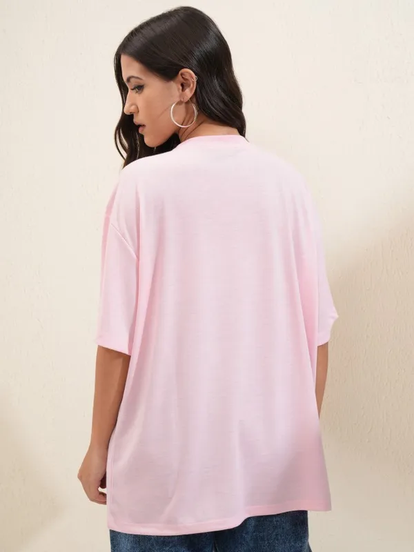 Tokyo Talkies Women Pink Printed Round Neck Oversized Fit T-Shirt