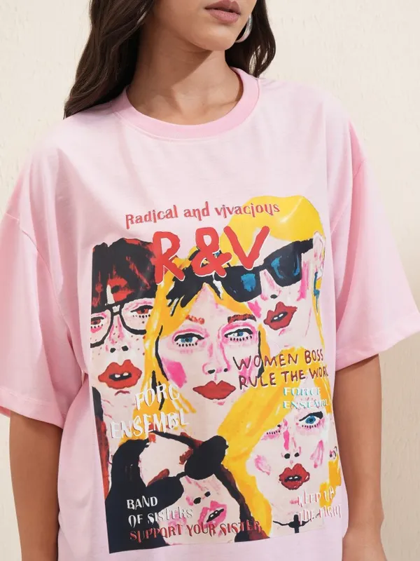 Tokyo Talkies Women Pink Printed Round Neck Oversized Fit T-Shirt