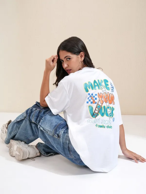 Tokyo Talkies Women White Printed Oversized Fit T-Shirt