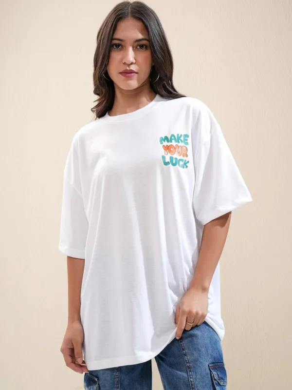 Tokyo Talkies Women White Printed Oversized Fit T-Shirt
