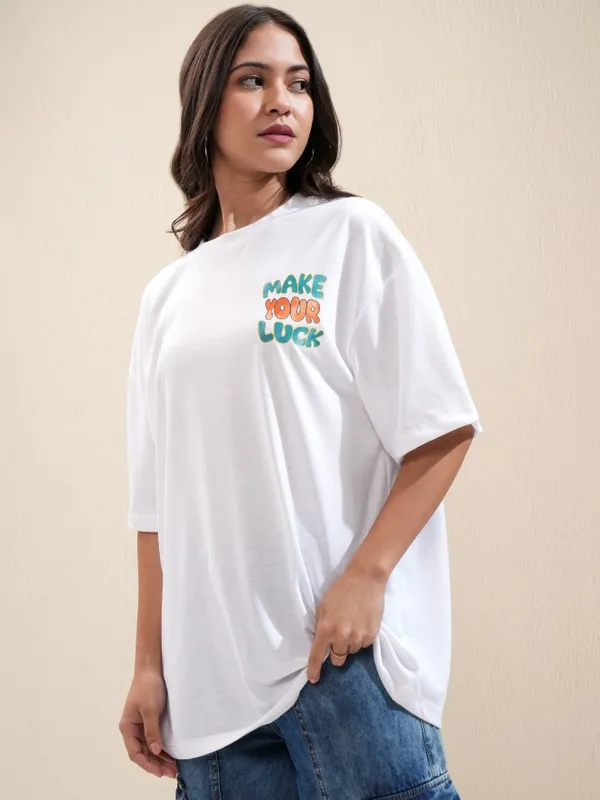 Tokyo Talkies Women White Printed Oversized Fit T-Shirt