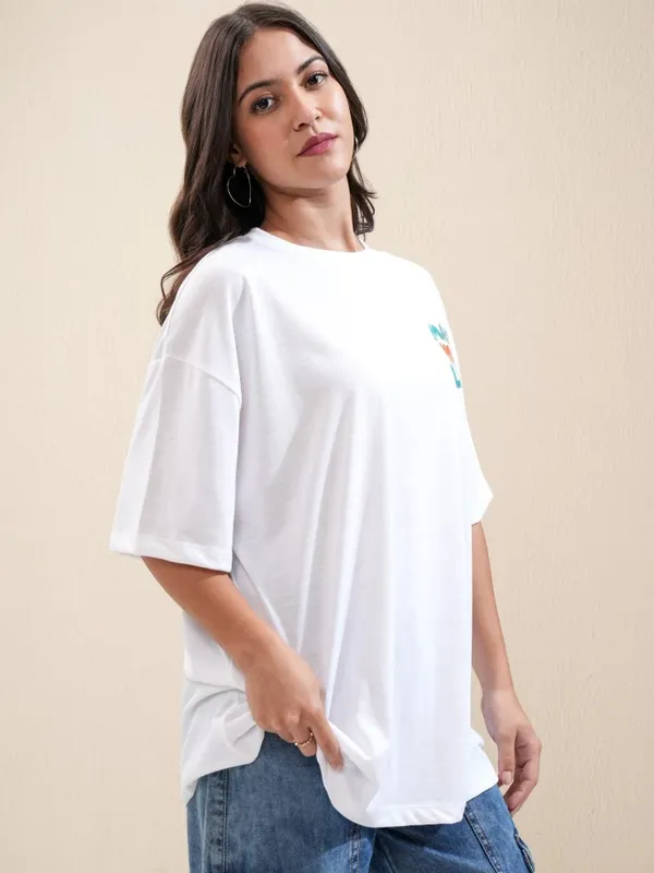 Tokyo Talkies Women White Printed Oversized Fit T-Shirt