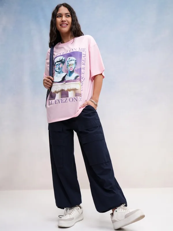 Tokyo Talkies Women Pink Printed Oversized Fit T-Shirt