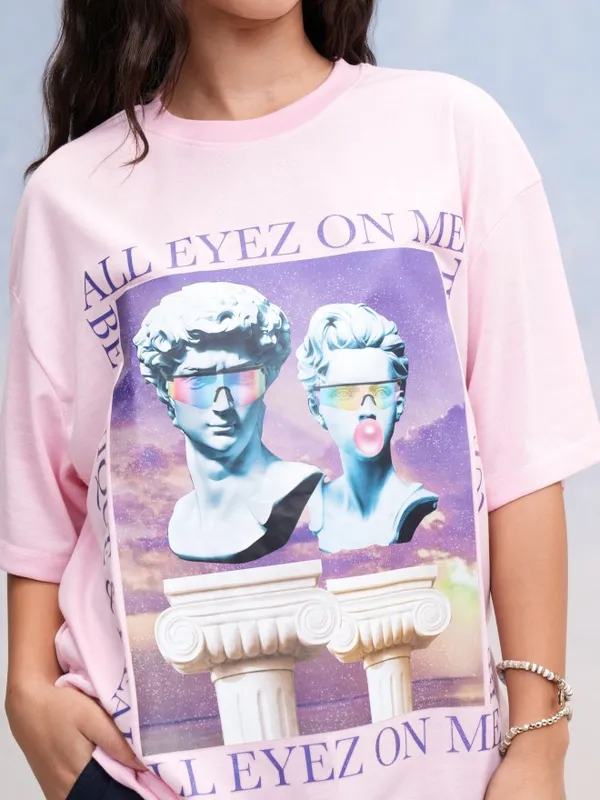 Tokyo Talkies Women Pink Printed Oversized Fit T-Shirt
