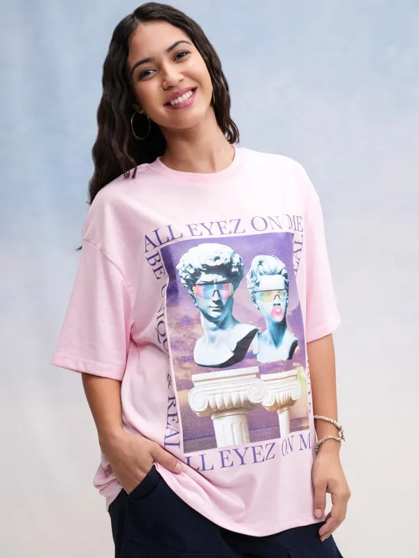 Tokyo Talkies Women Pink Printed Oversized Fit T-Shirt