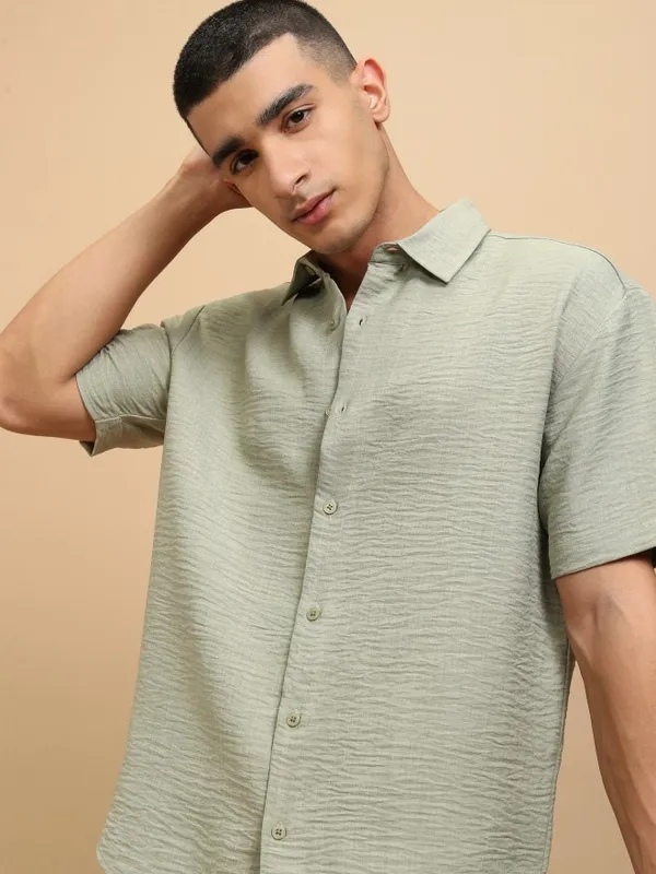 Highlander Men Sage Textured Relaxed Fit Casual Shirt