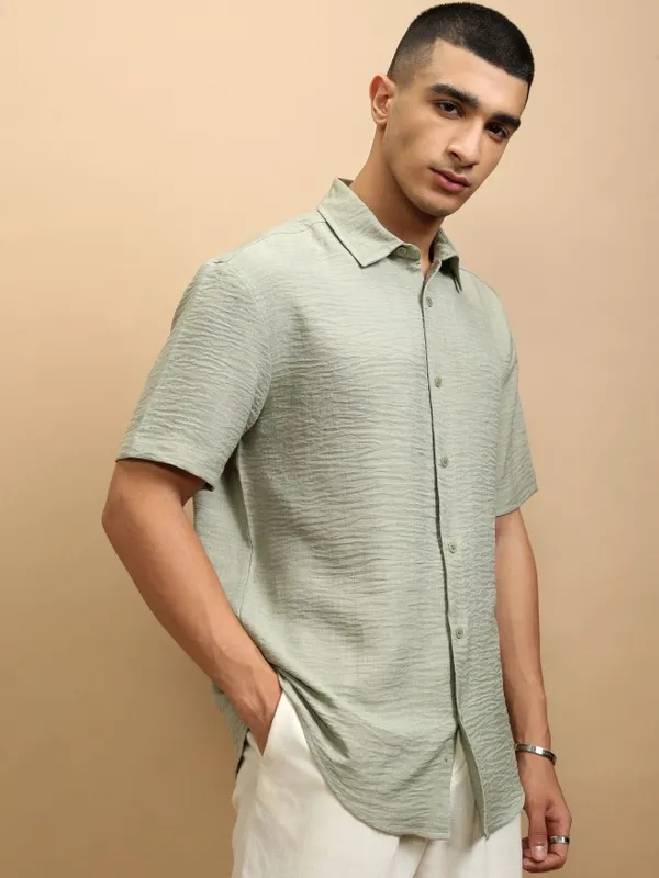 Highlander Men Sage Textured Relaxed Fit Casual Shirt