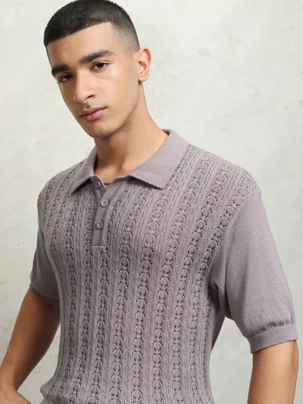 Highlander Men Mauve Self Design Polo Collar T-Shirt