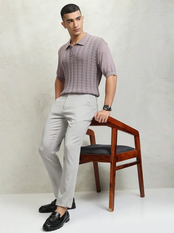 Highlander Men Mauve Self Design Polo Collar T-Shirt