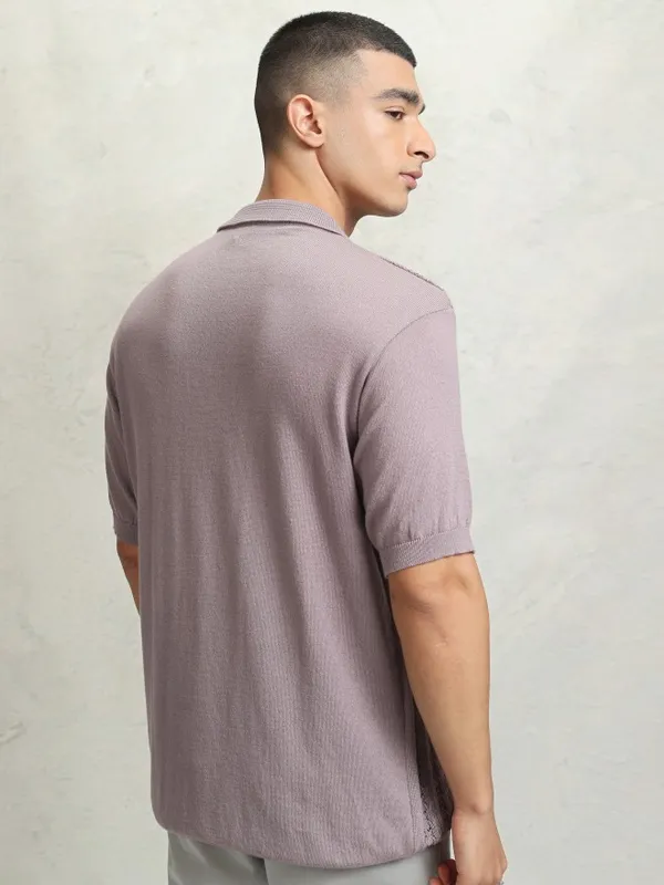 Highlander Men Mauve Self Design Polo Collar T-Shirt