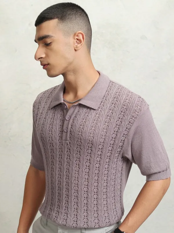 Highlander Men Mauve Self Design Polo Collar T-Shirt