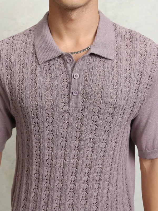 Highlander Men Mauve Self Design Polo Collar T-Shirt