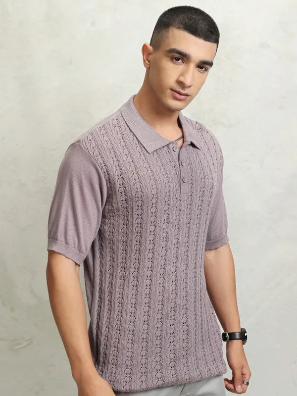 Highlander Men Mauve Self Design Polo Collar T-Shirt