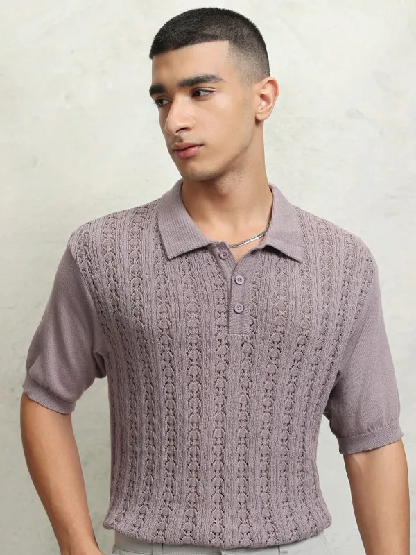 Highlander Men Mauve Self Design Polo Collar T-Shirt