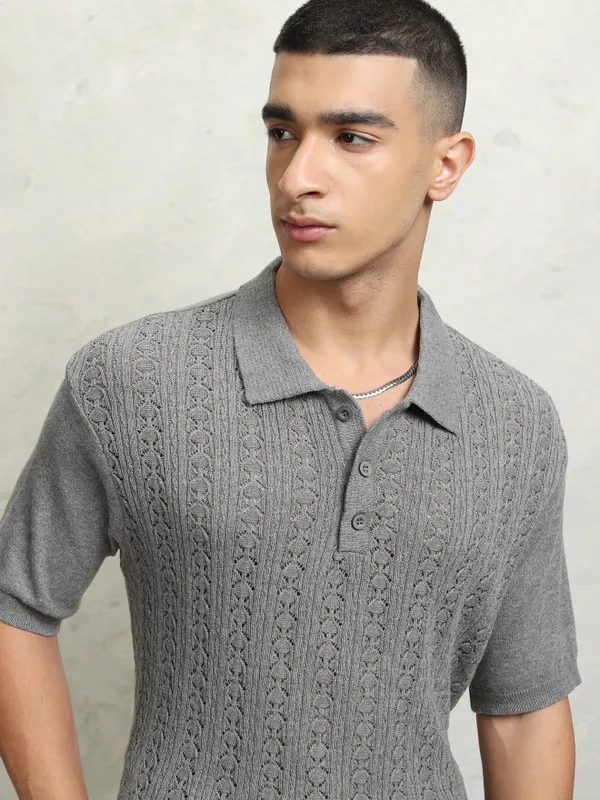 Highlander Men Grey Self Design Polo Collar T-Shirt