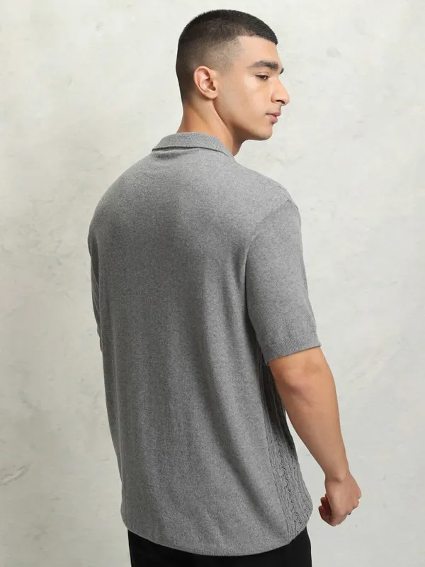 Highlander Men Grey Self Design Polo Collar T-Shirt