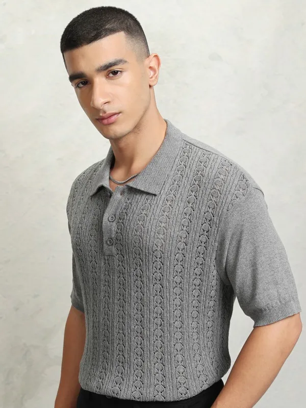 Highlander Men Grey Self Design Polo Collar T-Shirt