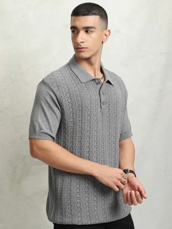 Highlander Men Grey Self Design Polo Collar T-Shirt