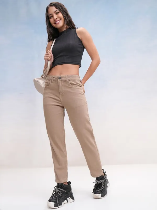 Tokyo Talkies Women Taupe Slim Fit Stretchable Jeans