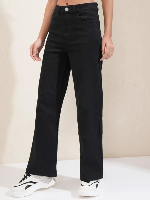 Tokyo Talkies Women Black Wide Leg Stretchable Jeans