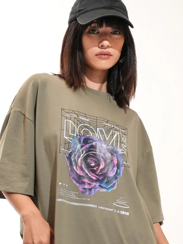 Tokyo Talkies Women Olive Printed Round Neck T-Shirt