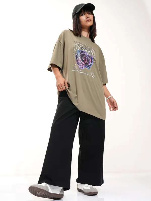 Tokyo Talkies Women Olive Printed Round Neck T-Shirt
