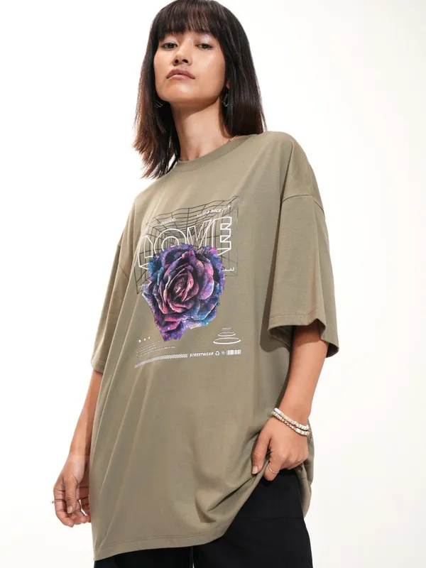 Tokyo Talkies Women Olive Printed Round Neck T-Shirt