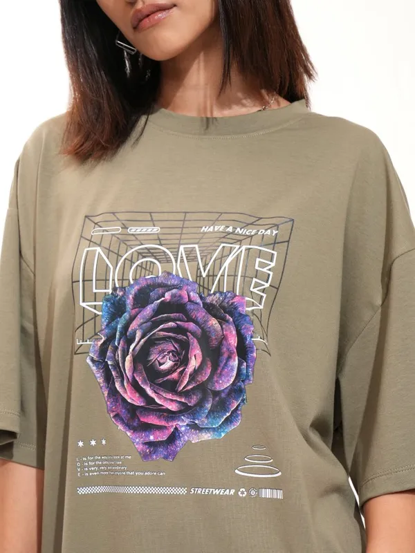 Tokyo Talkies Women Olive Printed Round Neck T-Shirt