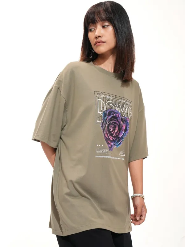 Tokyo Talkies Women Olive Printed Round Neck T-Shirt