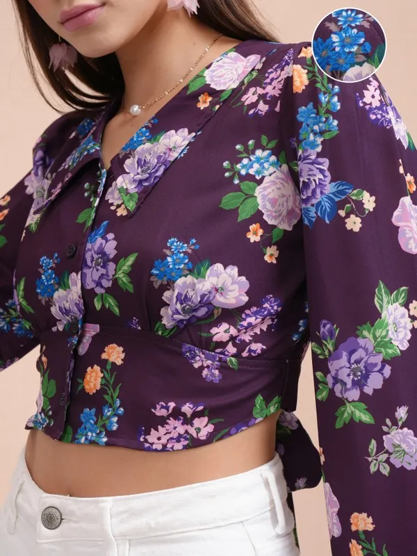 Tokyo Talkies Women Purple Printed Blouson Top