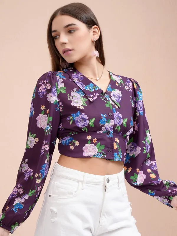 Tokyo Talkies Women Purple Printed Blouson Top