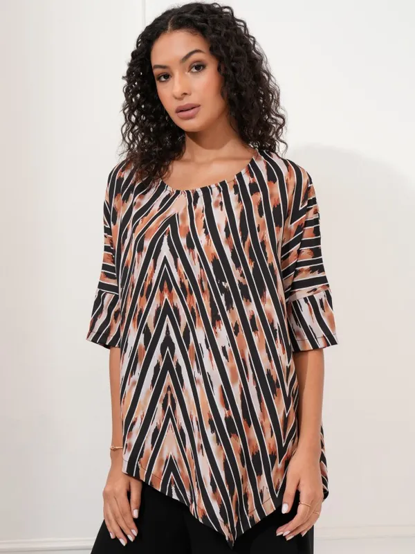 Tokyo Talkies Women Beige Printed Asymmetrical Hem Top