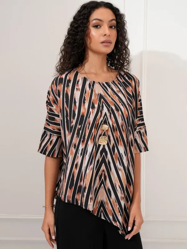 Tokyo Talkies Women Beige Printed Asymmetrical Hem Top