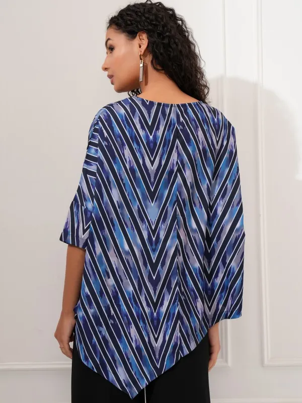 Tokyo Talkies Women Blue Printed Asymmetrical Hem Top