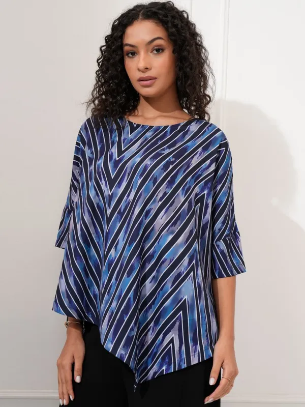 Tokyo Talkies Women Blue Printed Asymmetrical Hem Top