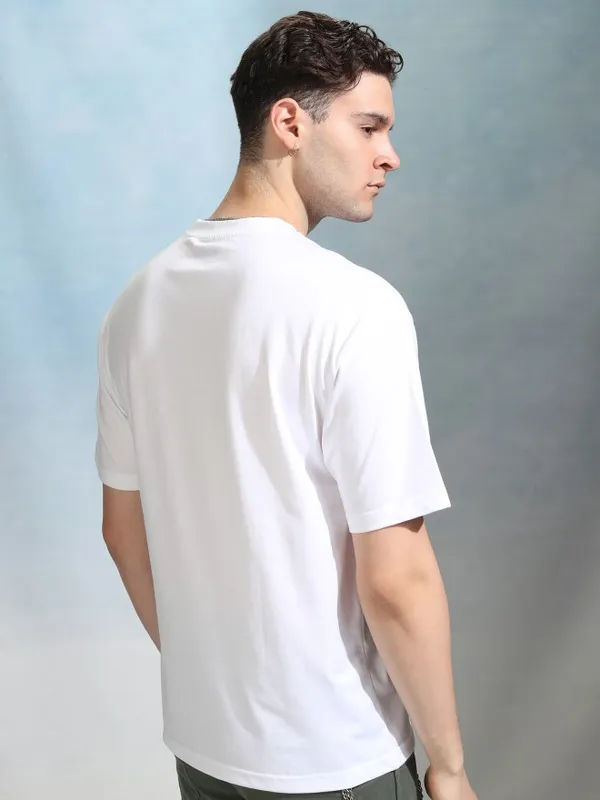 Highlander Men White Printed Round Neck Relaxed Fit T-Shirt