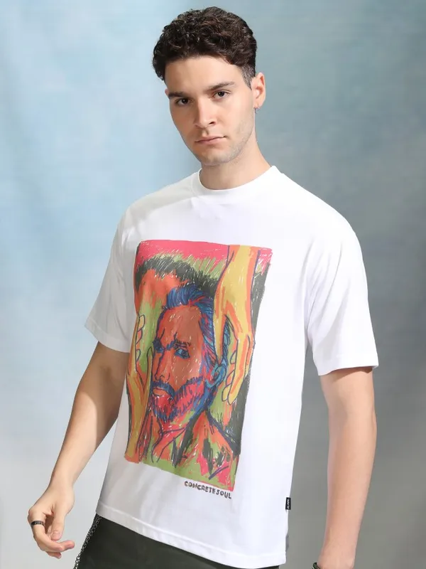 Highlander Men White Printed Round Neck Relaxed Fit T-Shirt