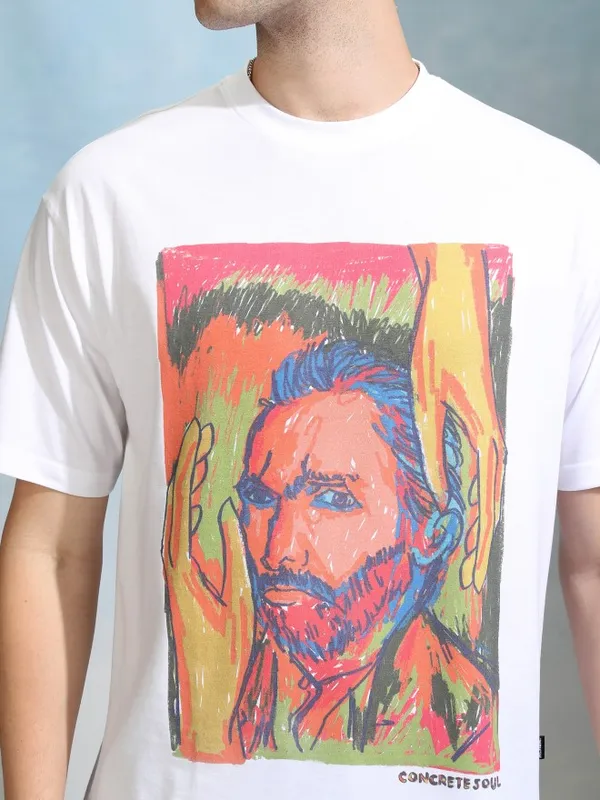 Highlander Men White Printed Round Neck Relaxed Fit T-Shirt