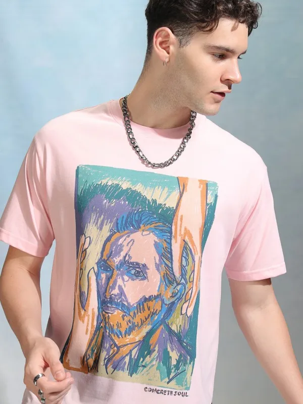 Highlander Men Pink Printed Round Neck Relaxed Fit T-Shirt