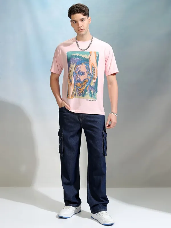Highlander Men Pink Printed Round Neck Relaxed Fit T-Shirt