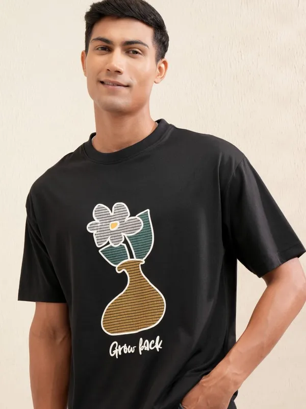 Locomotive Men Black Printed Round Neck Relaxed Fit T-Shirt