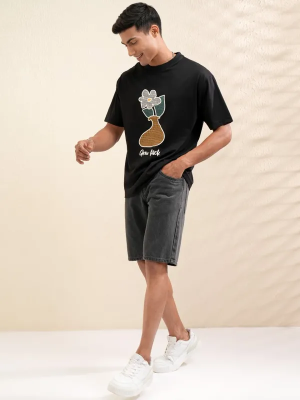 Locomotive Men Black Printed Round Neck Relaxed Fit T-Shirt