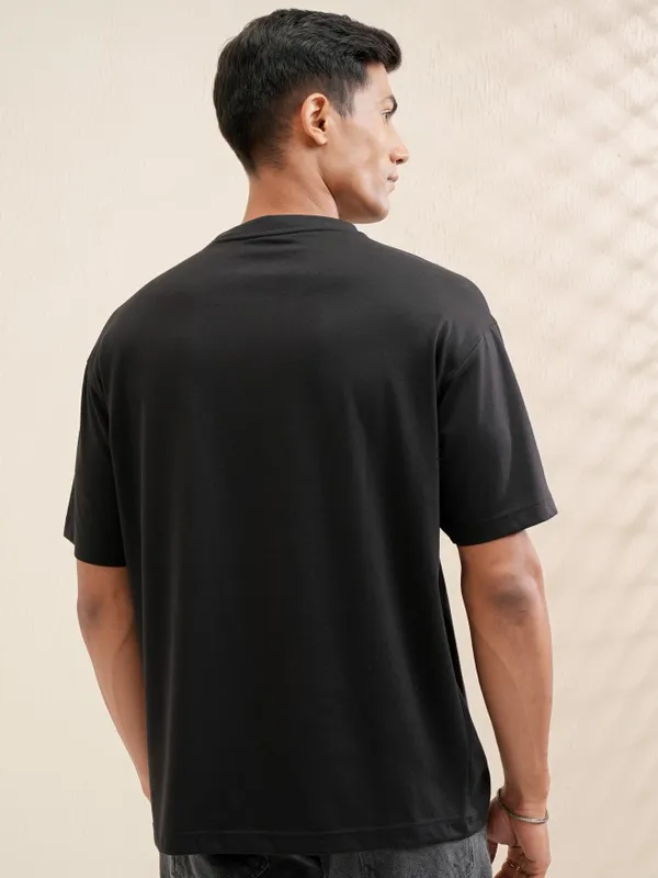 Locomotive Men Black Printed Round Neck Relaxed Fit T-Shirt