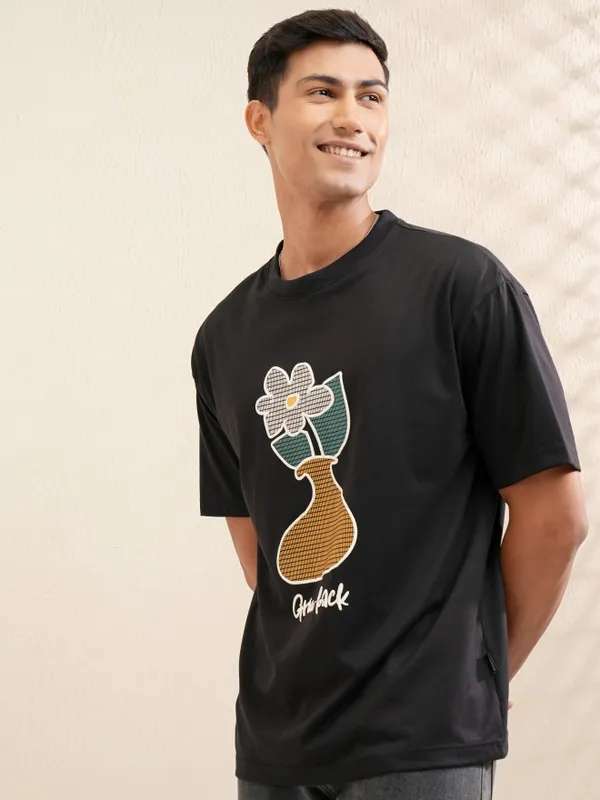Locomotive Men Black Printed Round Neck Relaxed Fit T-Shirt
