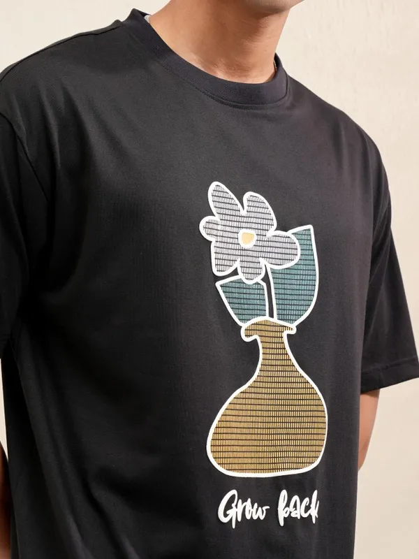 Locomotive Men Black Printed Round Neck Relaxed Fit T-Shirt