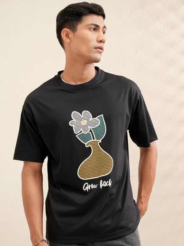 Locomotive Men Black Printed Round Neck Relaxed Fit T-Shirt