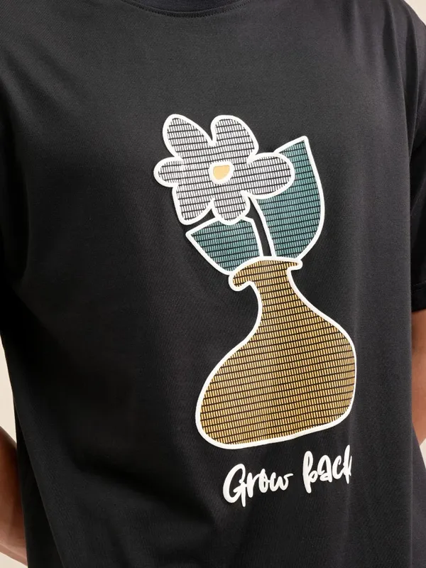 Locomotive Men Black Printed Round Neck Relaxed Fit T-Shirt