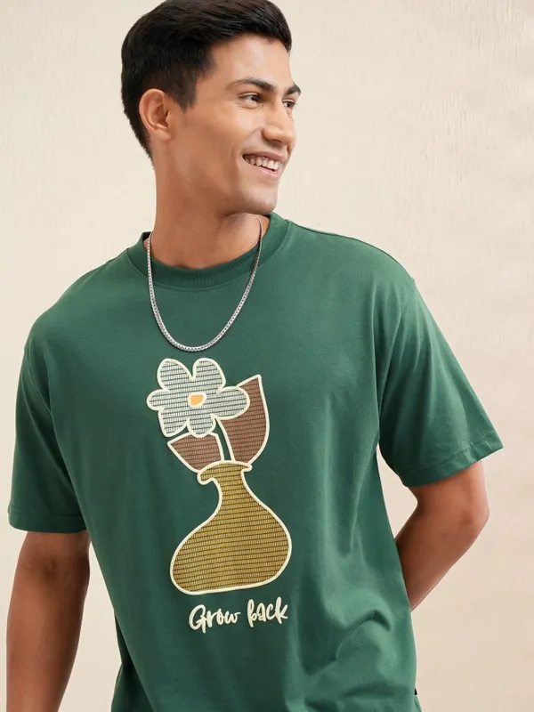 Locomotive Men Green Printed Round Neck Relaxed Fit T-Shirt