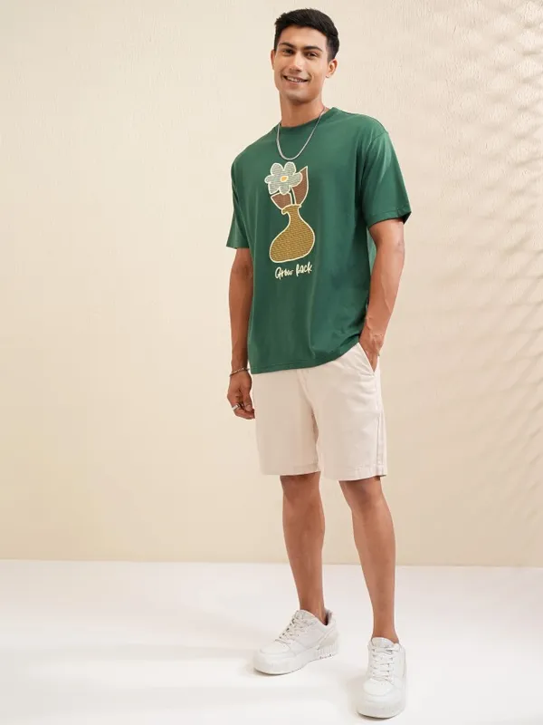 Locomotive Men Green Printed Round Neck Relaxed Fit T-Shirt