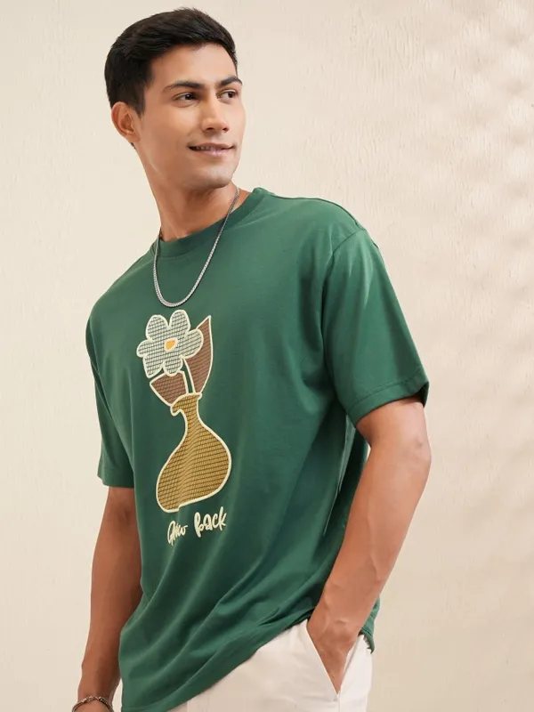 Locomotive Men Green Printed Round Neck Relaxed Fit T-Shirt